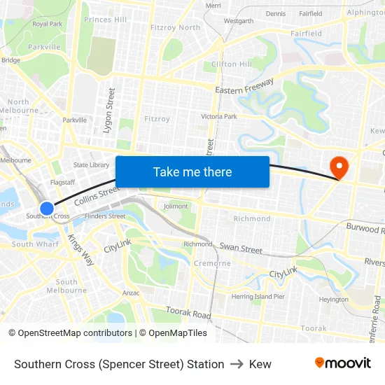 Southern Cross (Spencer Street) Station to Kew map