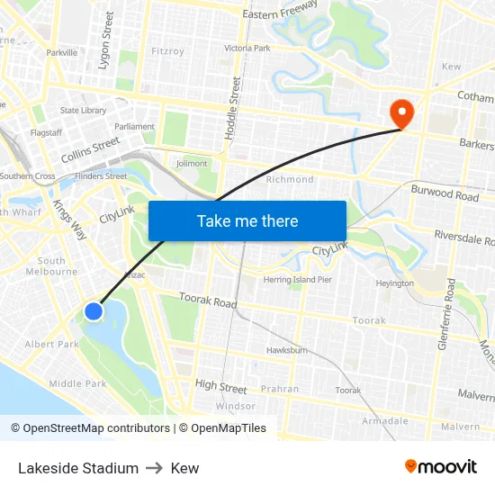 Lakeside Stadium to Kew map