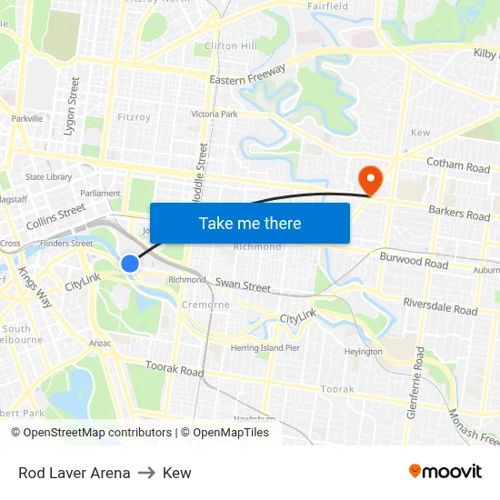 Rod Laver Arena to Kew map