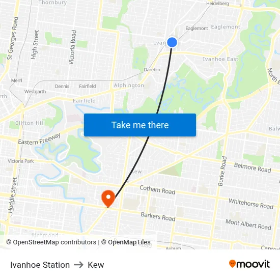 Ivanhoe Station to Kew map