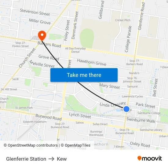 Glenferrie Station to Kew map