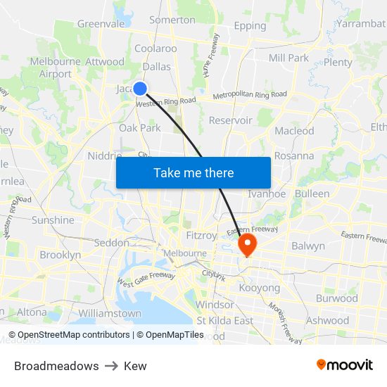 Broadmeadows to Kew map