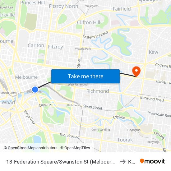 13-Federation Square/Swanston St (Melbourne City) to Kew map