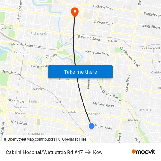 Cabrini Hospital/Wattletree Rd #47 to Kew map