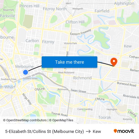 5-Elizabeth St/Collins St (Melbourne City) to Kew map
