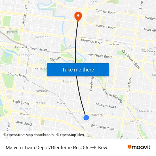 Malvern Tram Depot/Glenferrie Rd #56 to Kew map