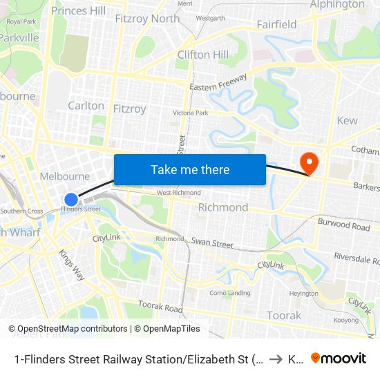 1-Flinders Street Railway Station/Elizabeth St (Melbourne City) to Kew map