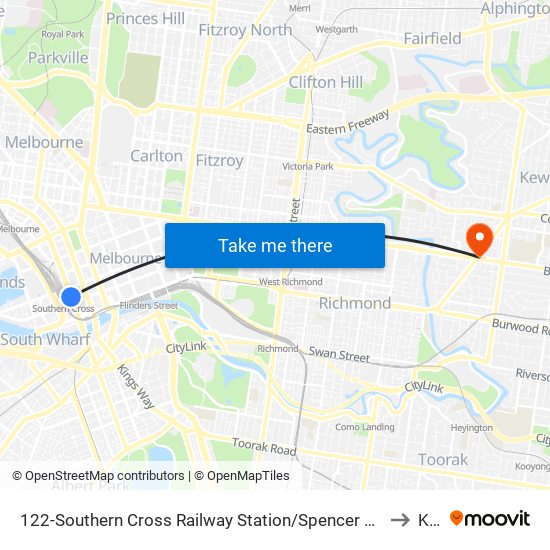122-Southern Cross Railway Station/Spencer St (Melbourne City) to Kew map