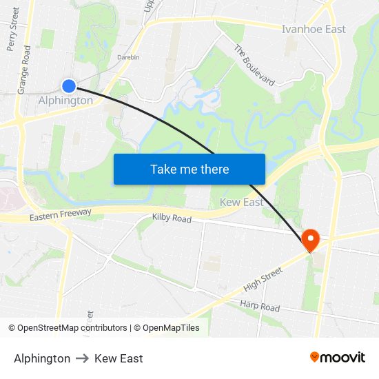 Alphington to Kew East map