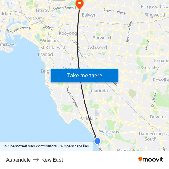 Aspendale to Kew East map