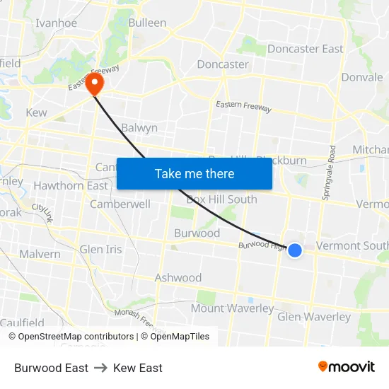 Burwood East to Kew East map