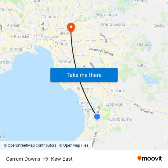 Carrum Downs to Kew East map