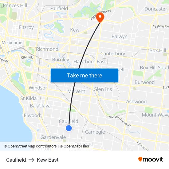 Caulfield to Kew East map