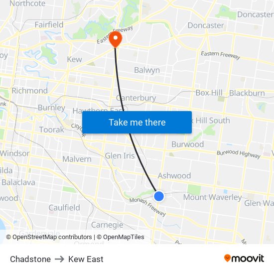 Chadstone to Kew East map