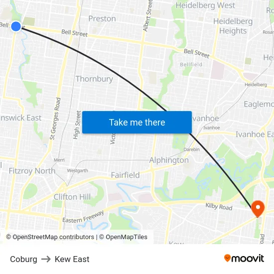 Coburg to Kew East map