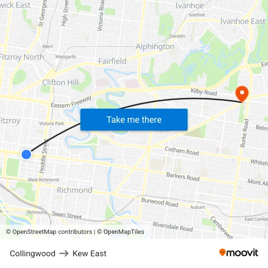 Collingwood to Kew East map