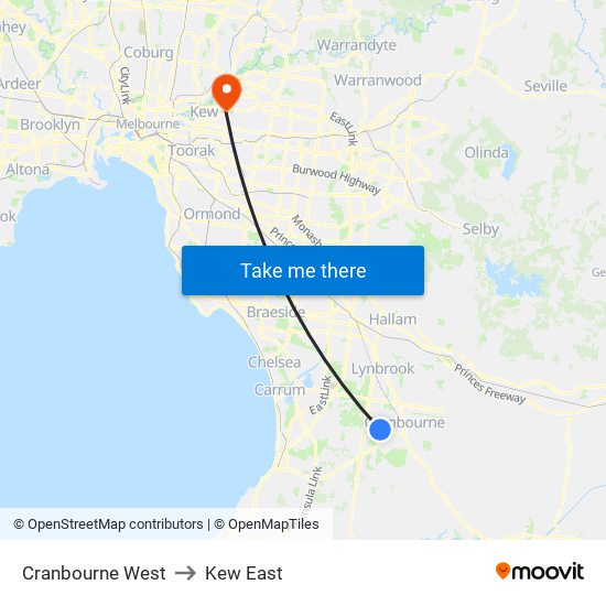 Cranbourne West to Kew East map