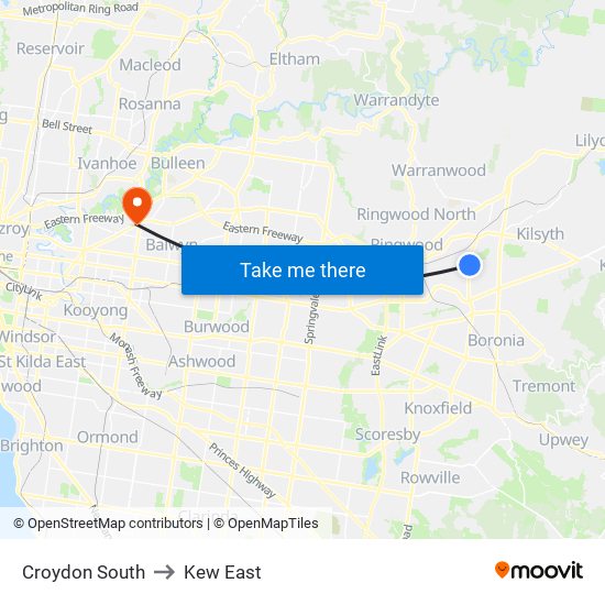 Croydon South to Kew East map