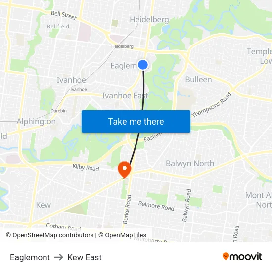 Eaglemont to Kew East map