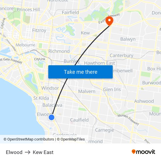 Elwood to Kew East map