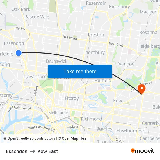 Essendon to Kew East map