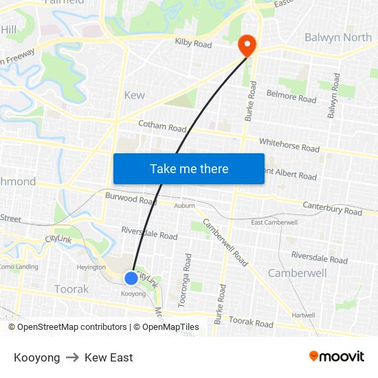 Kooyong to Kew East map