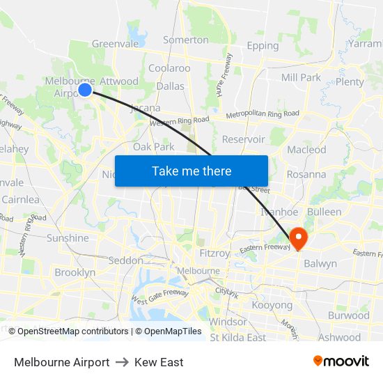 Melbourne Airport to Kew East map