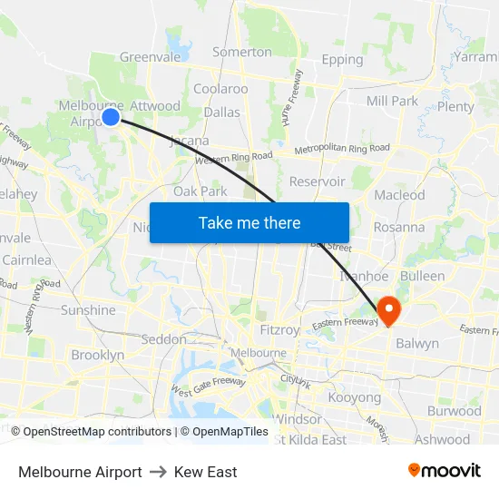 Melbourne Airport to Kew East map