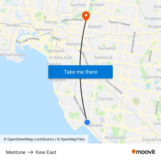 Mentone to Kew East map