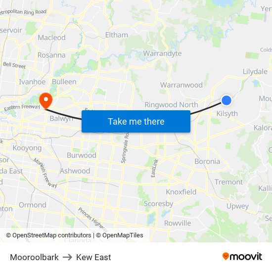 Mooroolbark to Kew East map