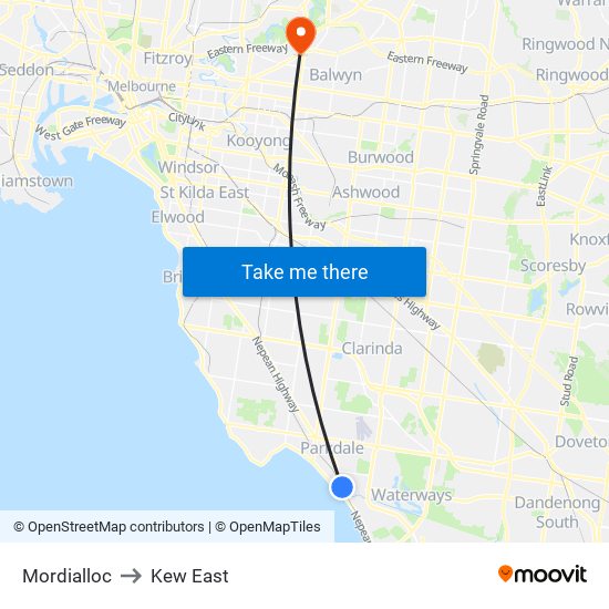 Mordialloc to Kew East map