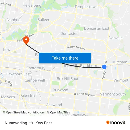 Nunawading to Kew East map