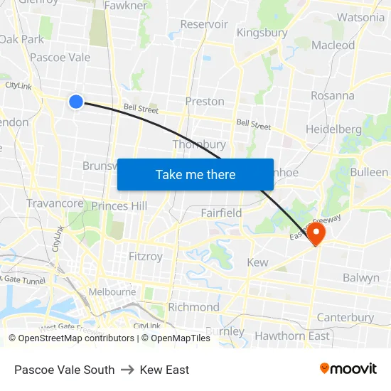 Pascoe Vale South to Kew East map