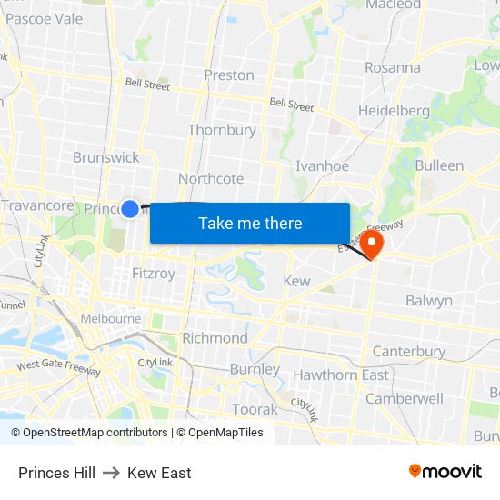 Princes Hill to Kew East map