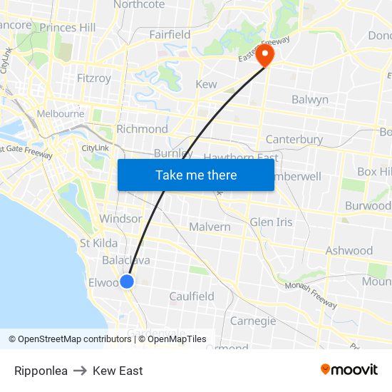Ripponlea to Kew East map