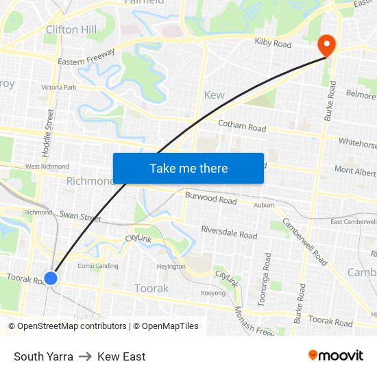South Yarra to Kew East map