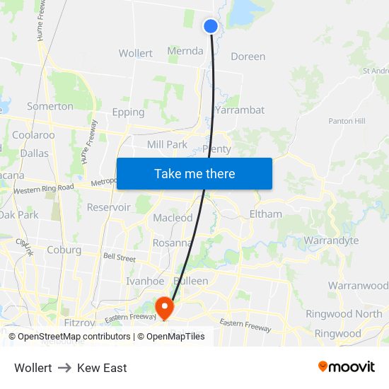 Wollert to Kew East map