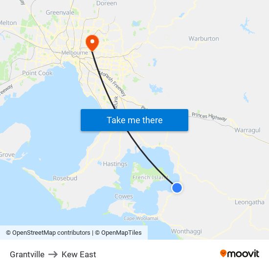 Grantville to Kew East map