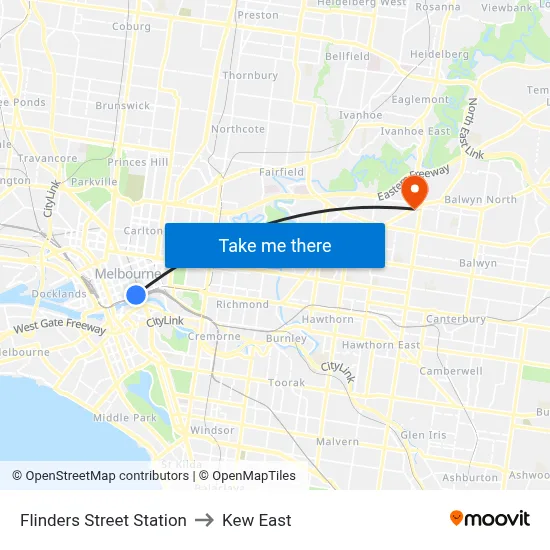 Flinders Street Station to Kew East map
