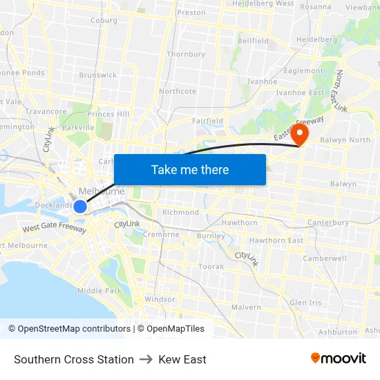 Southern Cross Station to Kew East map