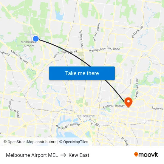 Melbourne Airport MEL to Kew East map