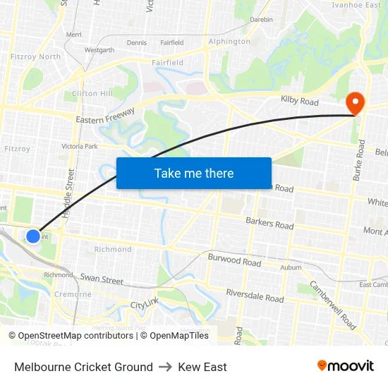 Melbourne Cricket Ground to Kew East map
