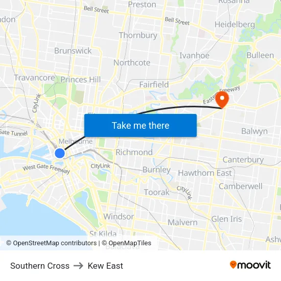 Southern Cross to Kew East map