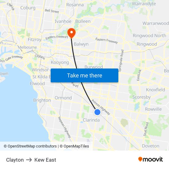 Clayton to Kew East map