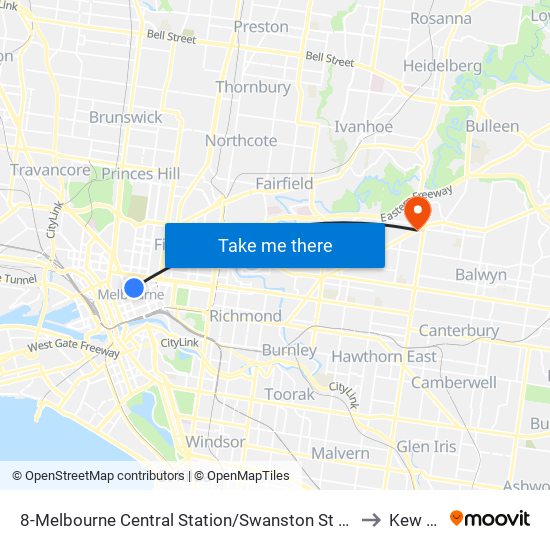8-Melbourne Central Station/Swanston St (Melbourne City) to Kew East map