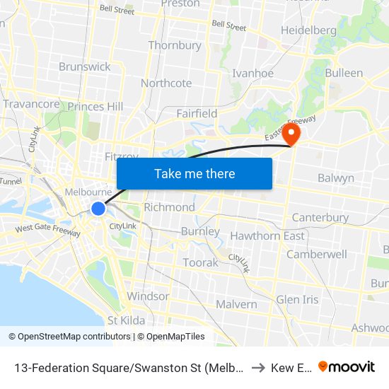 13-Federation Square/Swanston St (Melbourne City) to Kew East map