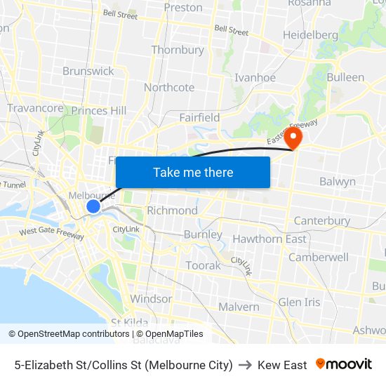 5-Elizabeth St/Collins St (Melbourne City) to Kew East map