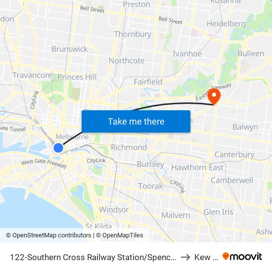 122-Southern Cross Railway Station/Spencer St (Melbourne City) to Kew East map