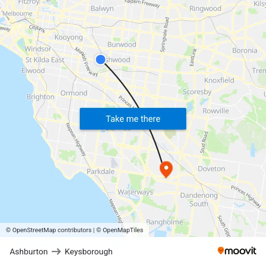 Ashburton to Keysborough map