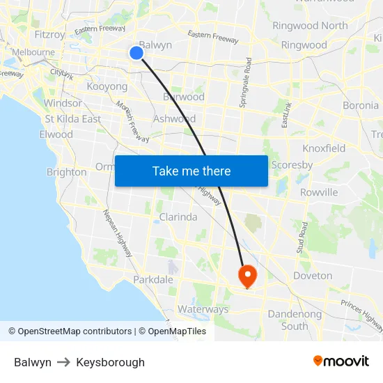 Balwyn to Keysborough map